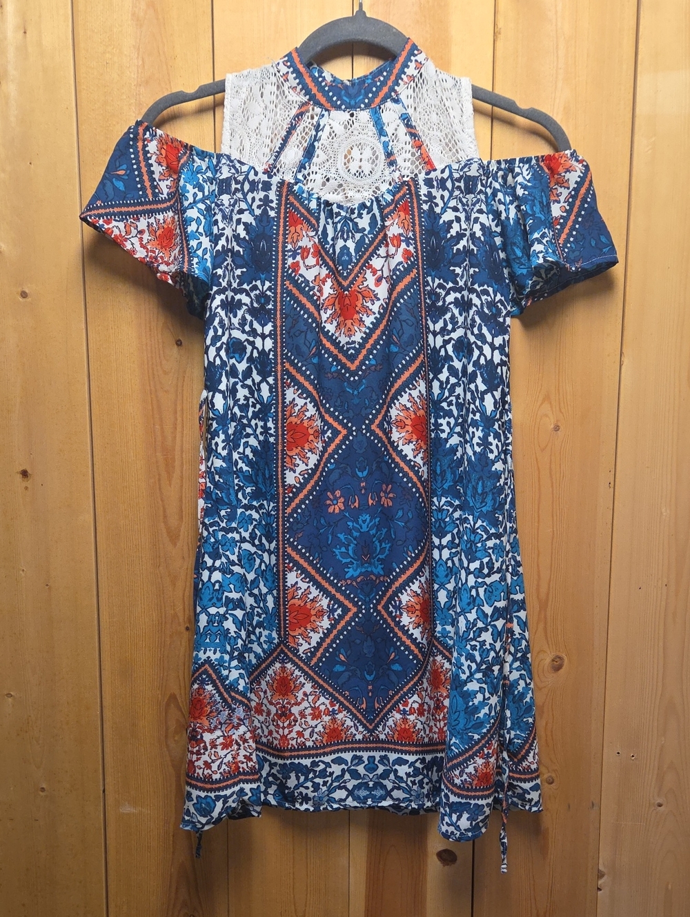 Speechless Cold-Shoulder Lace-Yoke Dress in Blue, White & Red